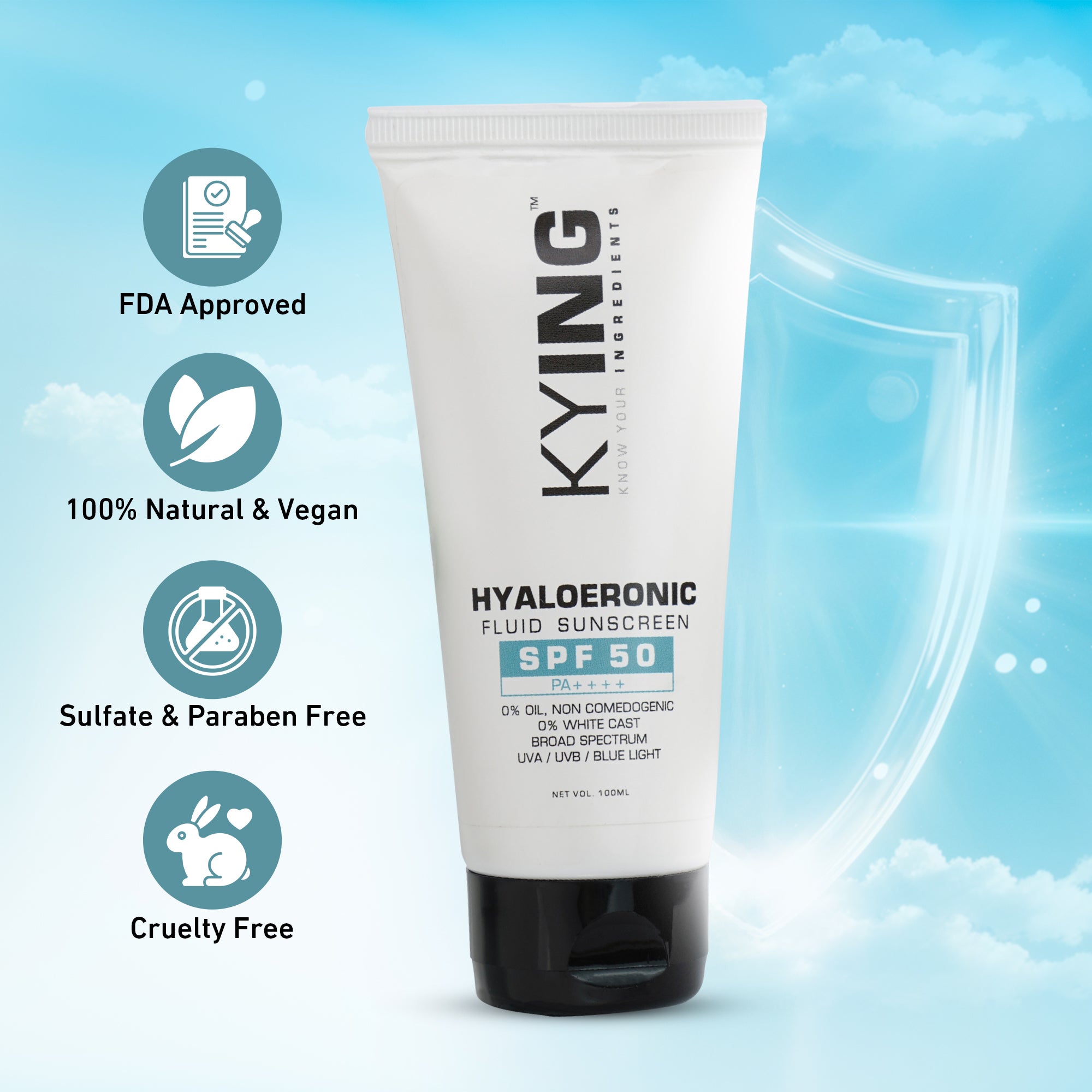 KYING Hyaloeronic Fluid Sunscreen SPF50 PA++++, 100ml - Defend and Hydrate