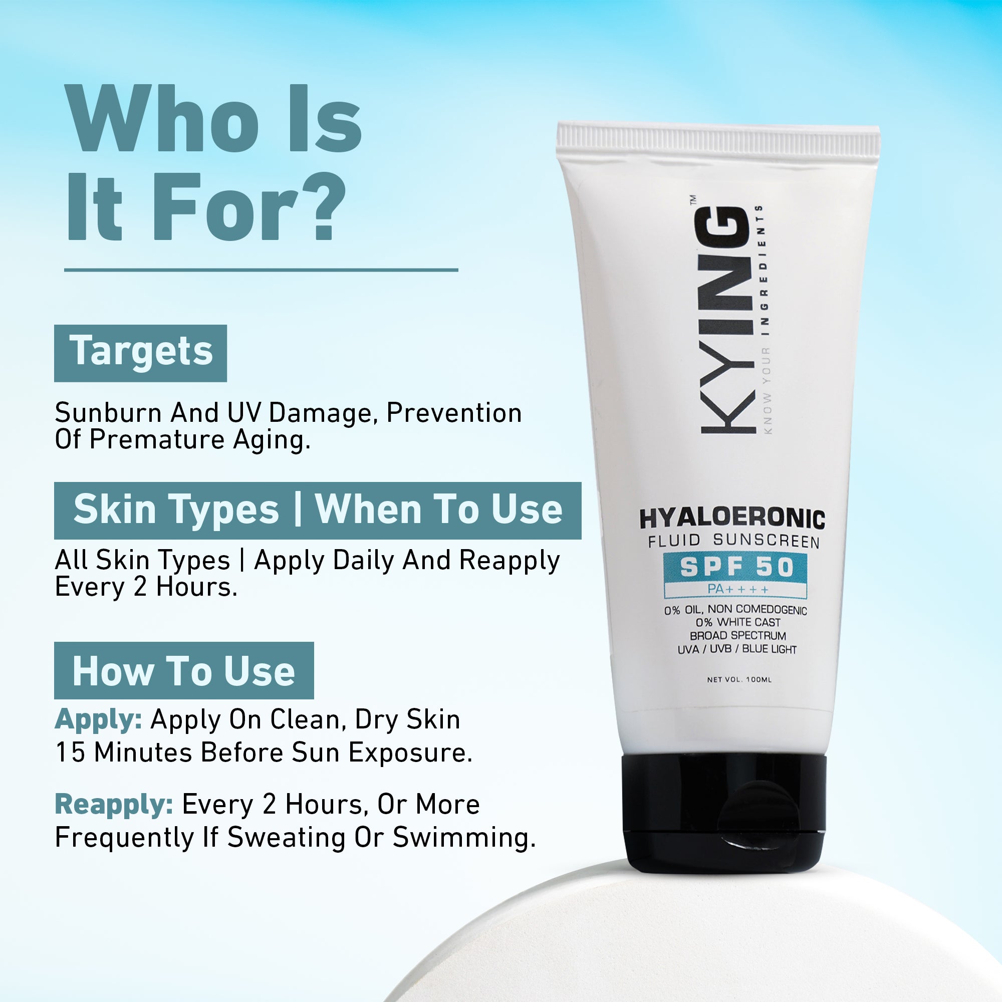 KYING Hyaloeronic Fluid Sunscreen SPF50 PA++++, 100ml - Defend and Hydrate