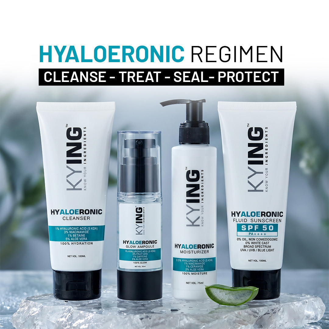 KYING® Hyaloeronic Regimen : Face Cleanser 100ml, Moisturizer 75ml, Face Serum 30ml, Fluid Sunscreen SPF50 100ml